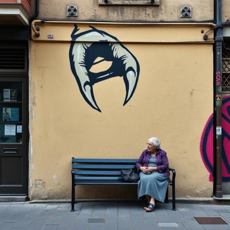 End of a building, 
This street art features a playful and thought-provoking scene, blending the real-world environment with a painted illusion. The artwork shows a large claw, reminiscent of an arcade claw machine, painted on the wall above a bench. Two elderly women are seated below, engaged in conversation, completely unaware of the surreal implication that the claw might "pick" one of them. The juxtaposition of the everyday setting and the whimsical, yet slightly ominous, painted element invites viewers to reflect on themes of choice, randomness, and fate. The minimalist black-on-beige claw design contrasts with the natural textures of the wall and the subdued tones of the scene, amplifying the humor and subtle social commentary of the piece.
graffiti, mural, hyper-realistic, vibrant colors, bold letterforms, 3D design, urban art, intricate details, vivid gradients, sharp highlights, contrasting shadows, abstract influences, electric palette, sculptural effect