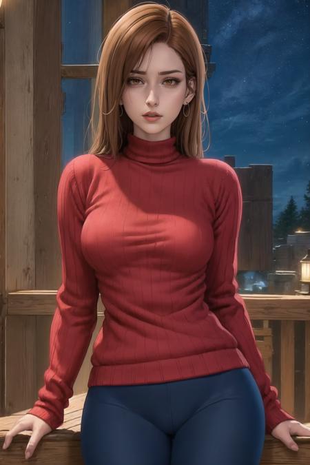 pale skin, looking away, woman, very detailed, (red winter sweater, cotton (navy blue) leggings) , night, cute, <lora:opeLoRAv6.3:.9>, brown eyes, brown hair, standing, high-top, upper body,