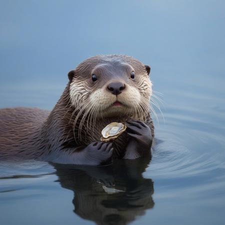very realistic photograph close-up otter with oyster in its paws in misty winter water, forest background of pine, fir and white spruce and birch, blue sky with cirrus cloud and slightly hidden sun