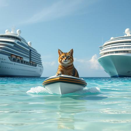 Ultra realistic. beautiful beach, 2 bigg cruises on the sea one in each side of the photo with the legend "pro creators" at the side, in the middle of the image a little happy cat captain in  a little boat  with the legend "i need buzz to grow" at the side
