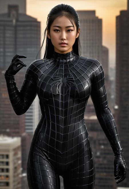 score_9, score_8_up, score_7_up, best quality, realistic, masterpiece, beautiful detail, hyperrealistic, afternoon sky, ((1girl, woman body, big breasts)), amazing detailed full body portrait of a beautiful japanese girl, wearing a realistic and highly detailed black raimi spider-man suit, ((huge muscular girl)), professional model wears ultra - detailed black raimi spider - man suit, ultra - detailed and grained black raimi spiderman suit, suit covered entire body and hand, black spiderman gloves, wet, (standing, arms up, serious face), (full body), (dirty skin), close up, octane render, highly detailed, volumetric, dramatic lighting, (highest quality:1.1), (HDR:1.3), (top quality, best quality), realistic, high definition,