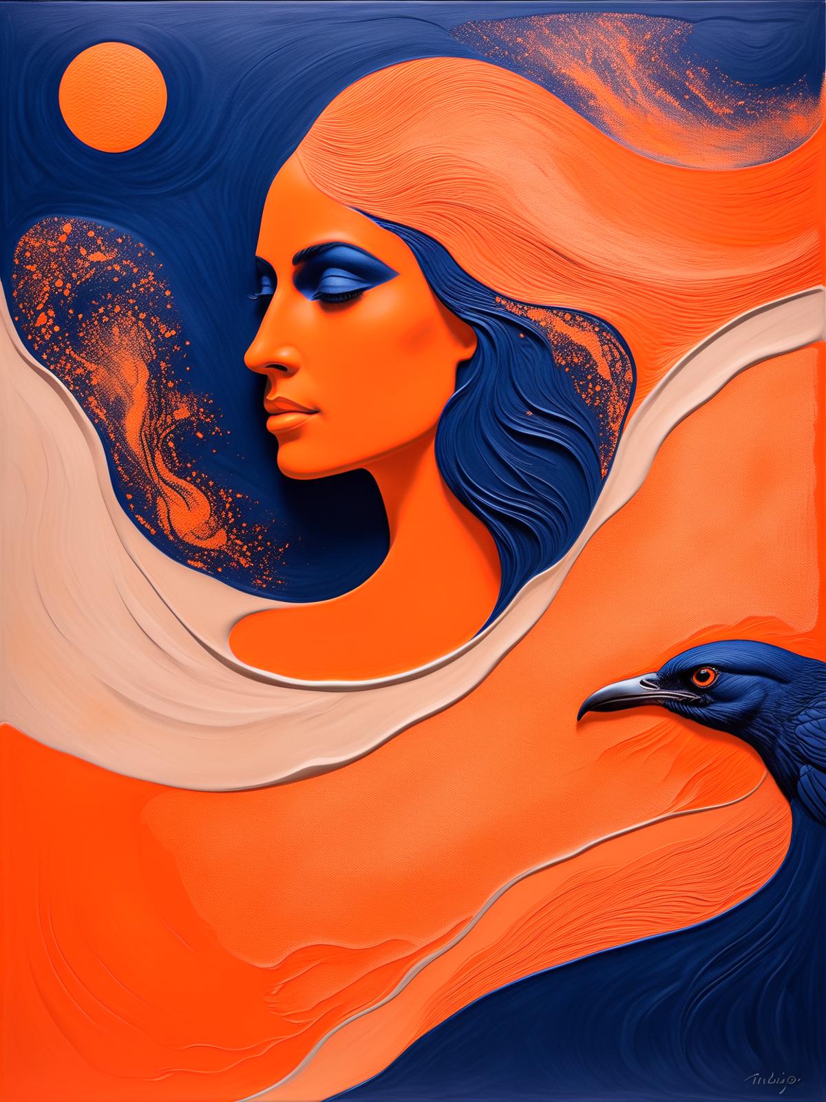 Artistic Painting of a Woman and a Bird on a Vibrant Orange Background