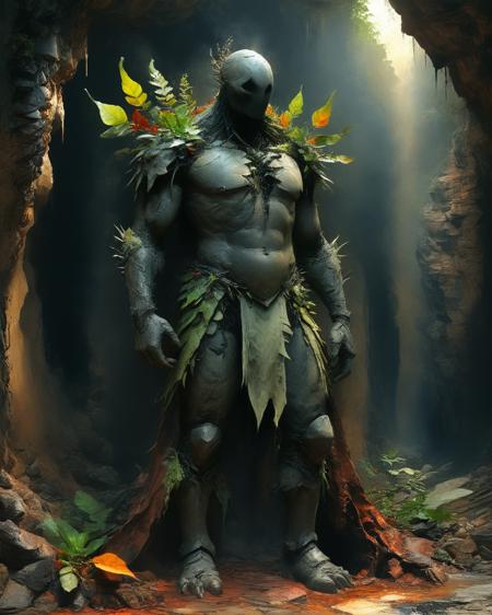 male massive earth elemental made of rock and dirt in the style of Roger Dean , full body, large thorn leaves, transparency, imaginative lighting with reflections and refractions, color with a dark background,  magical cavern with hard lighting, hyper realistic, High definition, <lora:add-detail-xl:0.75> <lora:xl_more_art-full_v1:0.5>,  <lora:SandraChevrierXL:1> sachr,  <lora:Ben Aronson Style:1> Ben Aronson Style page,  <lora:MJ52:0.4>