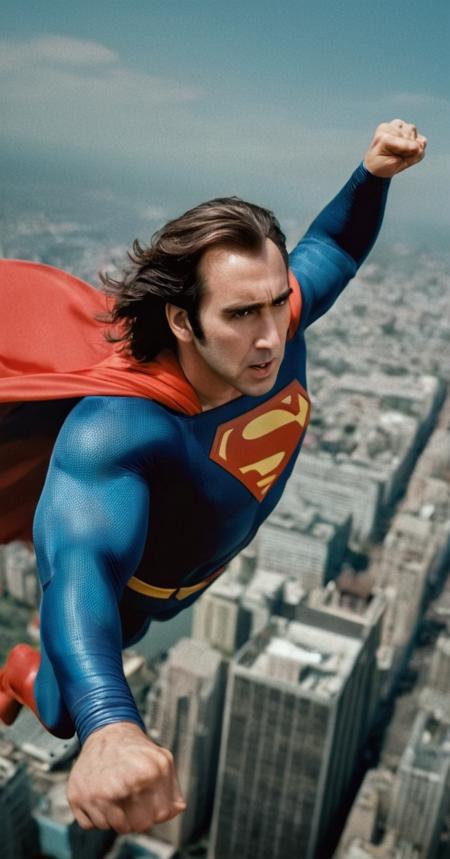 Nicolas Cage as Superman, long hair,  angry face, whole body, young 30 yo, floating on the air, surrounded by clouds, flying  superfast with the fist up,  focus on his fist and face, Metropolis in the background, detailed.