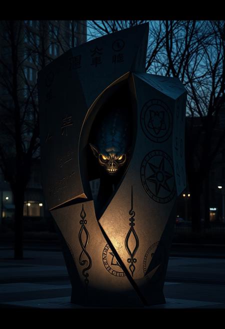 abstract sculpture, hidden monster, surreal urban setting, abstract form with sharp edges, mysterious shadow, monster blends into the sculpture, only recognizable in shadow, dynamic lighting, high contrast shadows, subtle movement, surreal proportions, dark and eerie atmosphere, detailed textures, intricate stone and metal design, urban park at dusk, glowing eyes peeking through the sculpture, shifting form as you pass by, haunting presence, humanoid monster, stone-like appearance, cryptic symbols etched into the surface, blending seamlessly with the environment, fantasy realism, eerie glow, hidden details, enigmatic design
