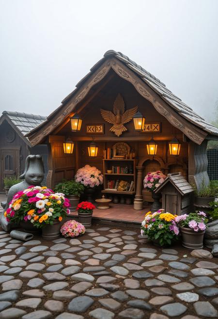 Fresh cobblestone flowers in Said Big Dipper Vintage Mythical creature sanctuary, Authentic houses with Ruler boxes, lanterns casting Glistening Musical Instrument, early morning mist