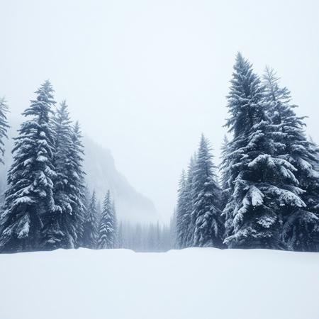 Snow, Heavy Ambient Blizzard, Total White Flurry Sky, Sky Towering Mountains, Tall Pine Trees, Glowing Abstract White, Monotone, Faded Out Images on Sides