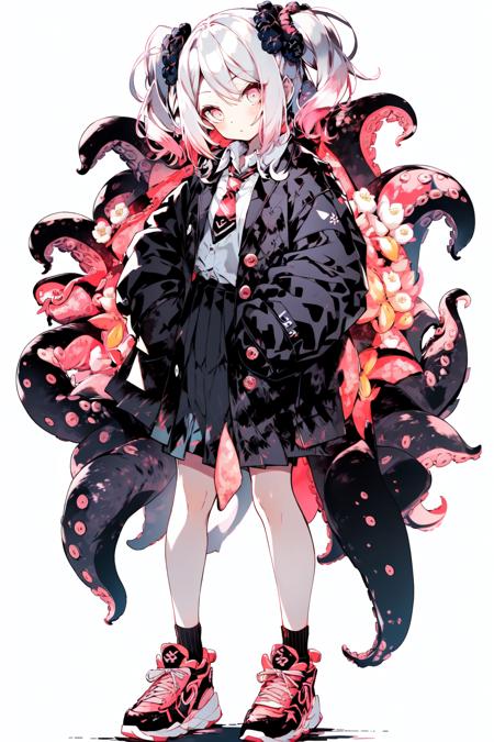 <lora:Cthulhu:1>, 1girl, solo, skirt, full body, virtual youtuber, socks, necktie, jacket, blonde hair, scrunchie, shoes, hair ornament, white background, shirt, looking at viewer, white socks, school uniform, grey skirt, hood, kneehighs, blue necktie, simple background, pleated skirt, hair flower, flower, white shirt, collared shirt, sneakers, bangs, black jacket, standing, open clothes, one side up, plaid, pink eyes, plaid skirt, wrist scrunchie, red eyes, open jacket, closed mouth