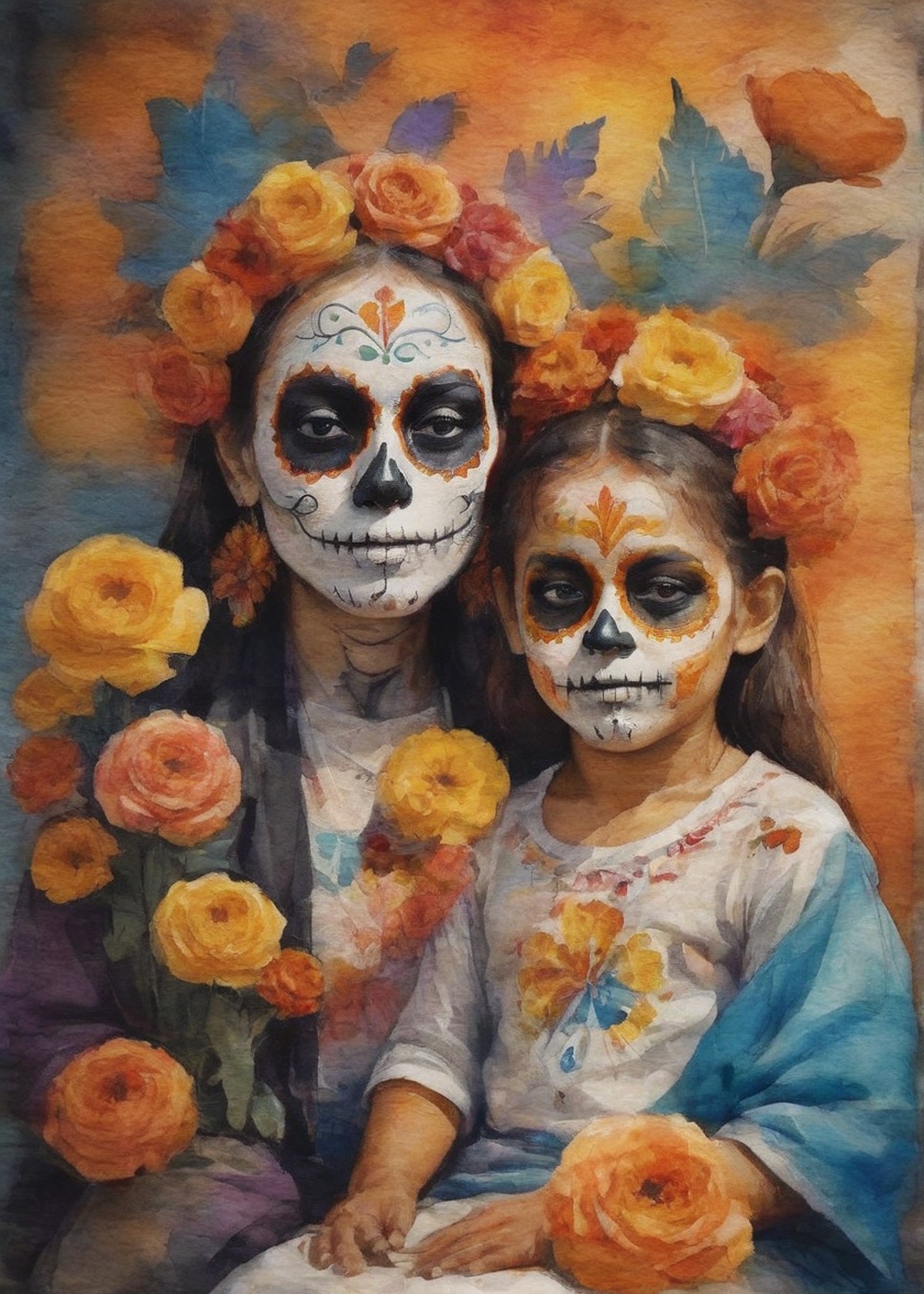 A vibrant Day of the Dead celebration in Mexico with families honoring their ancestors with altars and marigolds