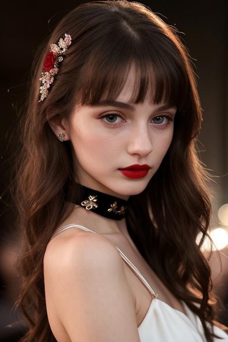 stunning woman, extremely beautiful, 20 years old, petite, delicate face, extremely detailed, photorealistic, hires, blush, rouge, lipstick, cute nose, ribbon, choker, mole, porcelain skin, elegant dress, night club, elbow gloves, ankle bracelet, close up