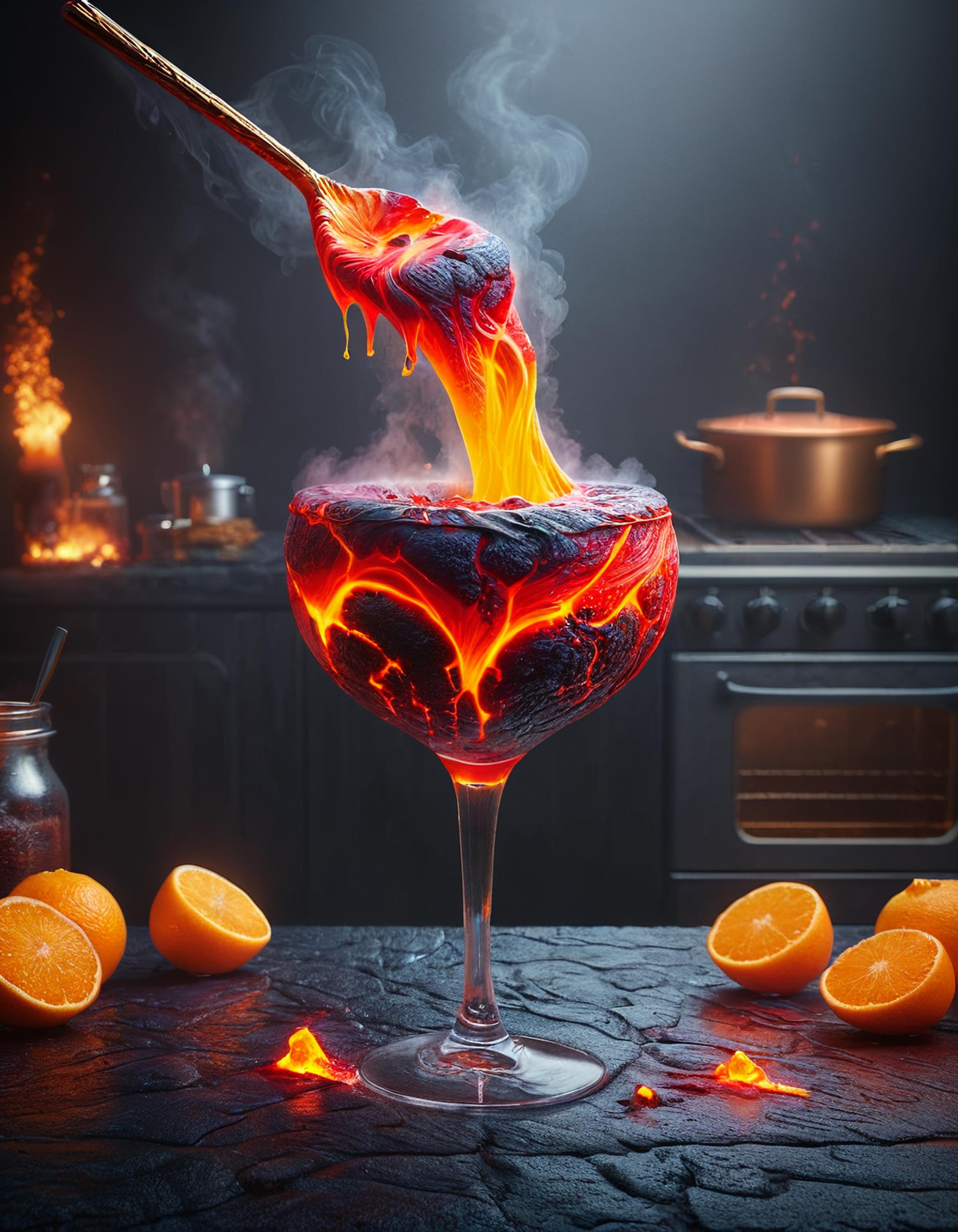 A Volcano Erupting in a Wine Glass with Oranges on the Table