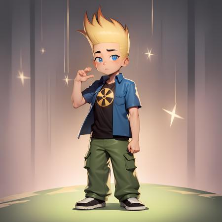 ((masterpiece, best quality)),(complex lighting), solo, full body, 1boy, johnny test, <lora:JohnnyTest1-10:0.8>,blue eyes, open jacket, short sleeves ,standing, naughty face, radiation symbol,