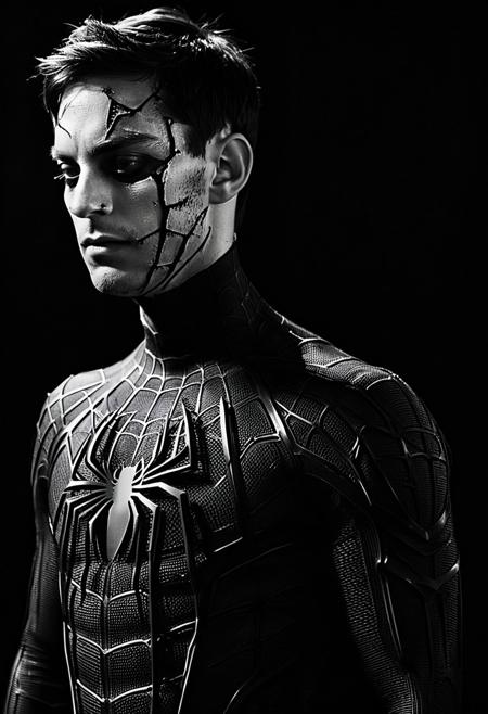 high-contrast monochrome palette, Tobey Maguire in Spider-man suit, (skin pores:0.5), (skin oils:0.3), black background, black-and-white, calm looking, shadow over eyes, cool looking, portrait, side view, ripped suit, blood, ripped mask, damaged mask, dark eyes,