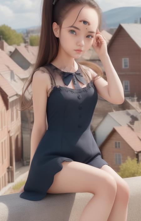 {best quality}, town background,action pose, <lora:eye_on_forehead_v1.0A:1>eyeonforehead,beautiful 1girl, sitting, brack twintale hair,dress