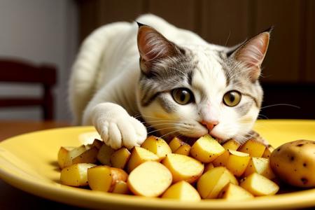 White cat eating potatoes.