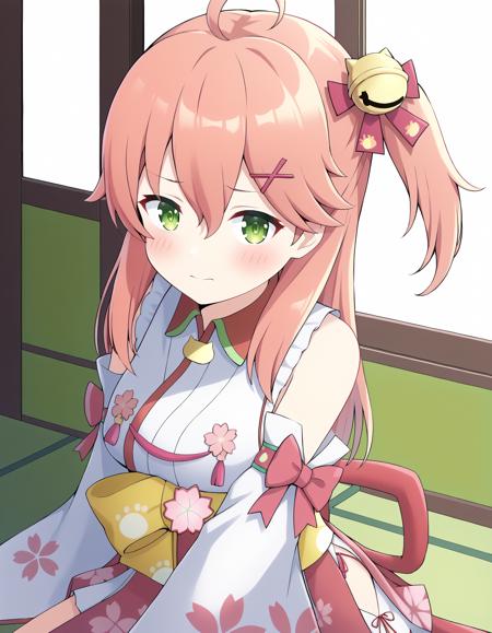 sakura miko sakura miko \(1st costume\) bell cherry blossom print green eyes hololive