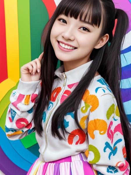 1 girl, black hair, smiling, clothes, portrait, figure, minutia, ((fine and smooth, face details)), sunshine, street, vivid, naturalness, enthusiastic, center, cute, Masterpiece, best quality, hyper detailed, photorealistic, long hair, Curved eyes, Ponytail, ((long rainbow skirt)), big eyes, extremely detailed 4k, 8k, friendly, White teeth, bangs, small nose, delicate skin, regular teeth, (action pose), cartoon patterned clothes, Long sleeve, Slender fingers, young, focused