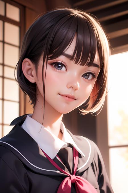(mastepiece:1.2, Best Quality, Photo Real Stick), 1girl, YUN_K, (japanese actress, japanese face, kawaii), pixie cut:1.2, dark-brown hair, black eyes,, School uniform, face close-up, face focus, looking at viewer, upper body, smile lightly without opening your mouth,