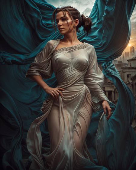 looking at viewer, (dynamic pose, dynamic angle, (medium closeup) extremely attractive slender Celtic woman, big black ponytail, matte silk draping her body, [toga:sari:chiton:peplos] teal fabric, natural lighting, soft shadow, insane detail, detailed background, depth of field, among the dystopian ruins, intricate, large breasts, (flowing fabrics:1.2),   dr4pep0kie, clothmancer
<lora:ClothingAdjuster3:-0.3> <lora:ass_size_control_v1.0:-0.5> <lora:waist_size_control_v1.0:0.5> <lora:add_detail:-0.4><lora:fabric_drape_v1:0.6> <lora:flowing-fabrics:0.4> <lora:Concept - Clothmancer:0.4>