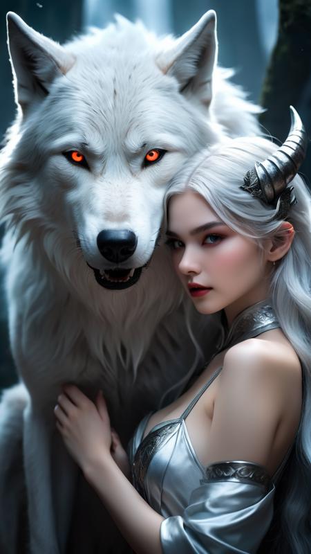 In an incredibly amazing image of exceptional artistry, captured in 8k ultra-high-definition, the scene is poised to stir deep emotions. At its center is a 19-year-old girl with striking silver hair, embodying a true demoness, complete with iconic sharp black horns indicative of her infernal lineage. Her hands are captured with an artistic precision that highlights their beauty, each line and curve contributing to her seductive aura. Her pose is the epitome of seduction, a captivating allure frozen in time. Alongside her, ensure the presence of a mysterious giant wolf, its figure both majestic and integral to the composition. The two are immersed in a vibrant fantasy setting, radiating joy and illuminated by a soft yet brilliant natural light. This photograph is a masterful convergence of fantasy and reality, where every element, from the demon girl to her giant wolf companion, is rendered with a vivid clarity to mesmerize all who view it. This image redefines ultra-high-definition, each pixel a testament to pinnacle digital artistry.