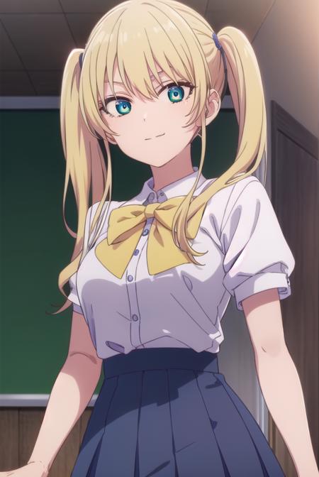 rikahoshizaki, <lora:rika hoshizaki s2-lora-nochekaiser:1>,
rika hoshizaki, (green eyes:1.3), blonde hair, twintails, smile,
BREAK skirt, shirt, bow, school uniform, white shirt, short sleeves, pleated skirt, bowtie, blue skirt,
BREAK indoors, classroom,
BREAK looking at viewer, (cowboy shot:1.5),
BREAK <lyco:GoodHands-beta2:1>, (masterpiece:1.2), best quality, high resolution, unity 8k wallpaper, (illustration:0.8), (beautiful detailed eyes:1.6), extremely detailed face, perfect lighting, extremely detailed CG, (perfect hands, perfect anatomy),