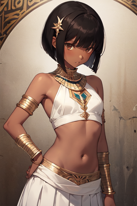 AsarAigis, 1girl, solo, short hair, white skirt, black hair, hair ornament, navel, bare shoulders, brown eyes, small breasts, midriff, dark skin, blunt bangs, dark-skinned female, bob cut, armlet, white egyptian clothes, 