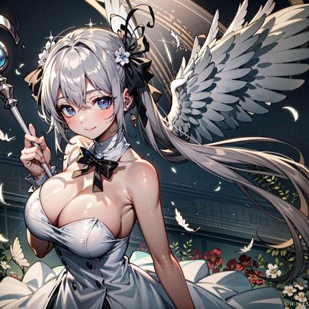 best quality:1.4, very huge eyes, 1girl, angel, angel_wings, bare_shoulders, blue_eyes, breasts, dress, feathered_wings, holding, long_hair, looking_at_viewer, ribbon, silver_hair, smile, solo, staff, twintails, white_dress, wings