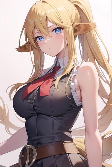 centorea shianus, animal ears, blonde hair, blue eyes, centaur, horse ears, horse tail, long hair, monster girl, ponytail, tail, sleeveless, shirt, white shirt, neckerchief, red neckerchief, collar, skirt, black skirt,