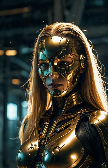 very dark neon lit hangar,cyborg woman,glowing eyes,mask,Gold long hair,looking at viewer,volumetric,particle,complex,intricate,detailed,film grain,side light,Cybercore Aesthetic,ral-ledlights
