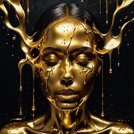 A highly detailed, surrealistic portrait of a woman's face, partially covered in dripping molten gold, with the gold seemingly splashing and cascading over her features. The face has a smooth, metallic texture, with the gold contrasting against a dark, glossy background. The expression on the woman's face is calm and serene, with her eyes closed as if in a state of peace or transformation. The artwork has a strong contrast, with the bright gold and the dark shadows creating a striking visual effect, emphasizing the fluid motion of the gold.