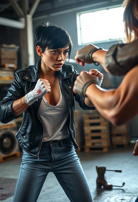 A beautiful latin short black hair girl tomboy hairstyle 20 years old angry huge breast wounds bruises and bumps with a torn leather jacket white shirt jeans boots and 
bandaged hands with blood stains  in defense pose 
receiving quick punches from a big muscular rusian woman in a warehouse, fast fists multiple fists high speed lines