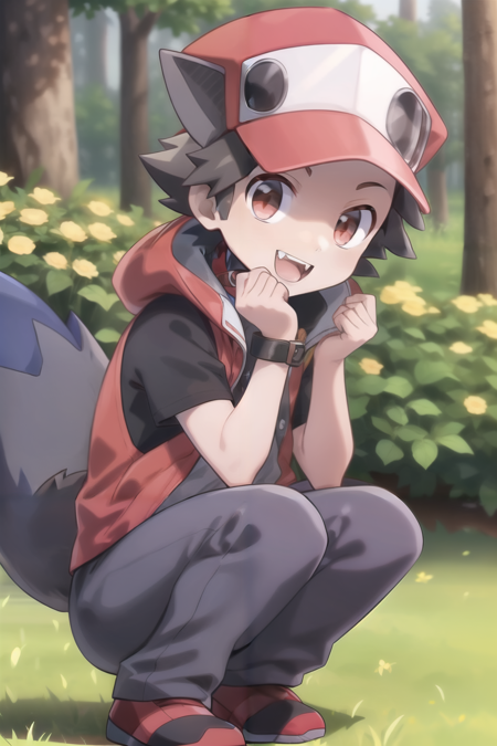 official art, open mouth, smile, solo, grass, forest, looking at viewer, squatting, ((disguised zorua, dog ears, dog tail, collar, ZORUA, grin, dog fangs)) red_masters, (male focus, human), red_masters, red coat, red baseball cap, blue pants, white shoes, brown eyes, brown hair