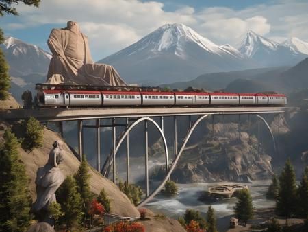 atomic style<lora:Aheart:0.5>a bridge and a train on it's side and a mountain with a large statue of a woman holding a sword in the background