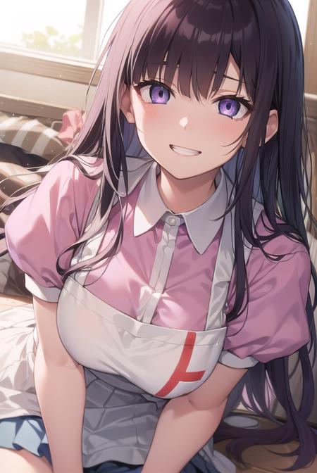 mikan tsumiki, long hair, purple hair, (purple eyes:1.1), bangs, blunt bangs, apron, bandaged leg, bandages, collared shirt, miniskirt, pink shirt, pleated skirt, puffy short sleeves, puffy sleeves, shirt, short sleeves, skirt, two-tone shirt, white apron, white shirt,