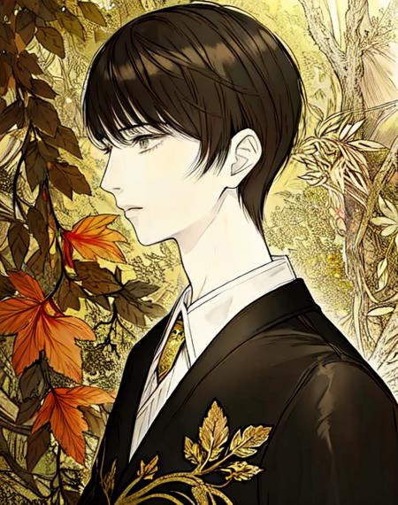 <lora:satsuki_kei-style-v1:1>, masterpiece, detailed illustration, 1boy, forest, ivy, trees. brown hair, portrait, solo