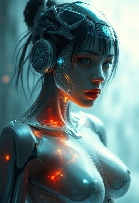 Moa Kikuchi is a cyborg female with a 500% Transparent fractured body, and torn muscles,  Jeremy Mann, Robert Oxley, . Luis Royo style artwork. Mecole,  Hologram, transparent, woman with Transparent ceramics body, mecha, internal glow, muscle tissue, nerves, gynoid, 4k, Tractography, Magali Villeneuve, transparent materials, Makoto Shinkai, Jamie Wyeth, James Gilleard, Edward Hopper, Greg Rutkowski, Studio Ghibli, Genshin Impact, whimsical charm, fantasy, samurai, mythical presence. Camera is using mobile phone camera of Nokia C3.