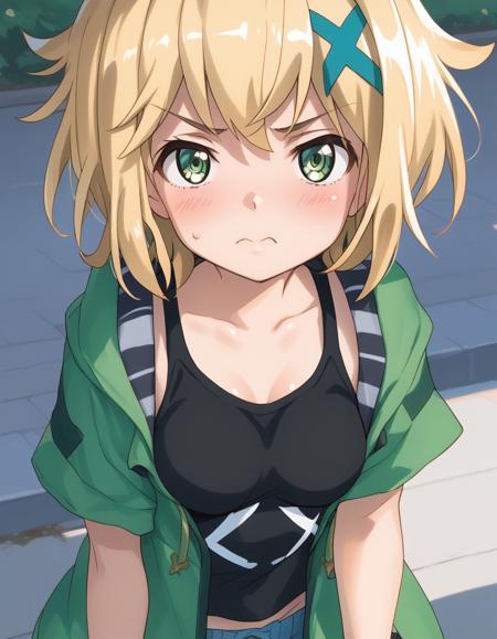 akatsuki_kirika (fujikawa_daichi), blonde hair, green eyes, hair ornament, short hair, x hair ornament, shiny skin, medium breasts,  black tank top,green jacket, shorts, black thighhighs, frills, short shorts navel, underwear, lingerie, white panties, barefoot, panties, choker, underwear only, bow, high heels, underwear, panties, navel,medium breasts, lingerie, shiny skin, barefoot, green panties, jewelry, see-through,  babydoll, cleavage, underwear only, ribbon, negligee, leg ribbon, bra