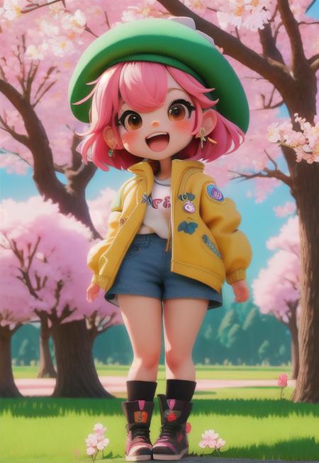 <niji-se-3d>, (masterpiece),(best quality),(ultra-detailed), (full body:1.2), 1girl,chibi,cute, smile, open mouth, flower, outdoors, ((playing with a cute dog)), beret, jacket, blush, tree, :3, shirt, short hair, cherry blossoms, green headwear, blurry, brown hair, blush stickers, long sleeves, bangs, black hair, pink flower, (beautiful detailed face)