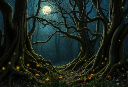 In the quiet embrace of the night, a fairytale forest unfolds, its trees rising like ancient guardians to the sky. Their gnarled branches are draped in a gentle, silvery light emanating from the bright moon high above. Among the moss-covered roots, fireflies dance like tiny, flickering stars, breaking the darkness with their delicate glow.
The air is filled with a mysterious whisper, as if nature itself is telling stories from long ago. The ground is adorned with a carpet of wilted leaves and colorful flowers that shimmer mysteriously in the soft light of the fireflies.
Here, in this enchanted realm, time seems to stand still. Every corner of the forest holds a secret, and those who look closely might catch a fleeting shadow of a fairy or the gentle smile of a forest nymph. It is a place where dreams come alive and imagination knows no bounds.