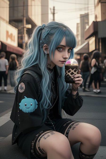 4K,8K. An attractive american gothic punk girl, with black punk fitting clothes, chestnut very long wavy hair, wide dreamy light blue eyes, wide smile, face close up, (holding a bubble tea,) (dynamic sitting pose, on the street)