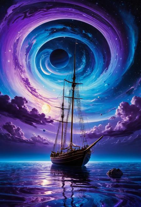 Surrealist seascape painting. Medium shot. A lone sailor stands at the bow of a wooden sailboat, navigating through a swirling vortex of stars, planets, and clocks. Low-angle shot. Dreamlike, fantastical style of Salvador Dali. Swirling clouds of purple and blue ink. Sailboat's wooden hull glowing with a soft, ethereal light. Stars and planets shining bright with a vibrant, cosmic glow. Best quality, incredibly detailed, 8k resolution, a masterpiece, vivid colors, dynamic lighting.