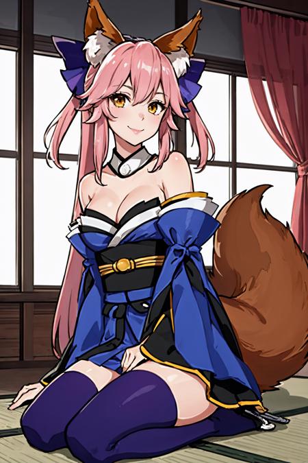 tamamo no mae, hair bow, fox ears, fox tail blue kimono, detached sleeves, blue thighhighs, bare shoulders, cleavage