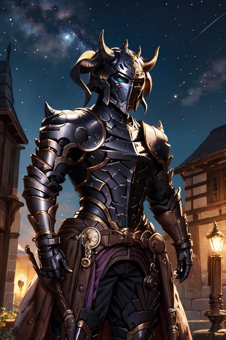 masterpiece, best quality, <lora:gbfbk-nvwls-v1-000009:0.9> helmetBK, horned helmet, armor, shoulder armor, gauntlets, black pants, armored boots, medieval architecture, night sky