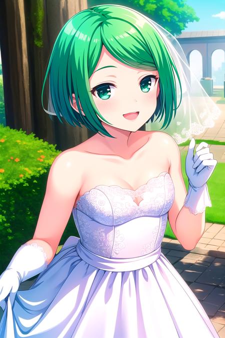 (masterpiece, best quality), highly detailed background, perfect lightingbest quality, touyamamisuzu, solo, outdoors, bridal veil, green hair, short hair, green eyes, wedding dress, white dress, <lora:GoodHands-vanilla:1>, white gloves, white skirt, frilled skirt, smile, open mouth, pink lips, <lora:Touyama-Misuzu:0.7>