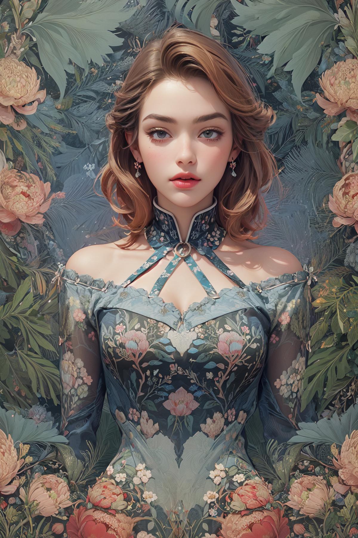 A digital painting of a woman wearing a blue dress with flowers on it.