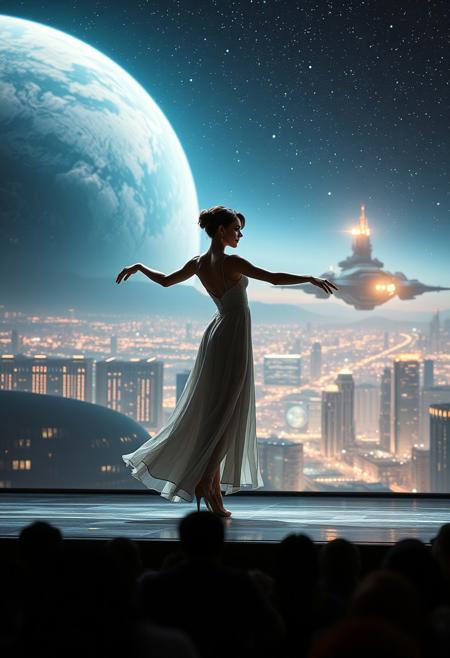 immaculately detailed realistic ultra quality image of a beautiful elegant female dancer is dancing on a futuristic stage micro-LED lighted, the dancer is the focus of the image, every detail of her dress and body are fully visible, the height of the image, behind the dancer on the stage is an enormous seamless and futuristic wall to wall and floor to ceiling window that looks out at a the planet's surface covered with the lights of enormous buildings and cities, An enormous deco starship with futuristic lighting and an enormous space station are visible in the background among the stars, Artistic art deco, dynamic perspective, (((overall architectural aesthetic is Art Deco Cyberpunk))).  Epic image that elicits a feeling of romanticism, wonder, and awe, the silhouette of the audience can be seen in the foreground that show the enormous scale of the stage and seamless window behind it,