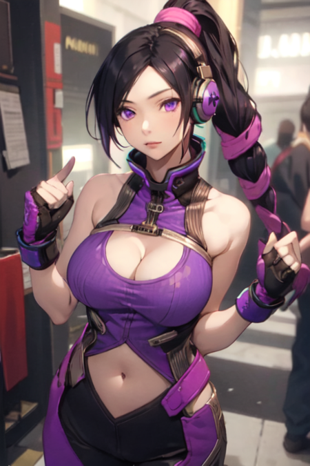 FeiRin, 1girl, solo, black hair, ponytail, navel, cleavage, fingerless gloves, hair bun, clothing cutout, headphones, cleavage cutout, large breasts, bare shoulders, very long hair, purple eyes, purple hair, pants,