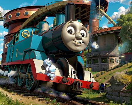 1train, <lora:Thomas the Tank:0.8>,Thomas the Tank,train tracks,bridge,grass background,high quality,highly detailed,(smoke out of funnel:1.4),cgi,realistic,3d,sun,godrays,(close up),from the side