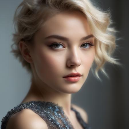 raw photo, A (pretty young woman:1.1) with stylish short blonde hair, alluring grey eyes, fair skin, wearing a fashionable (night dress:1.2), open top, She designs in a sophisticated atelier, filled with luxurious fabrics, mannequins draped in haute couture, and a sketchbook filled with future fashion creations,Realism,flat chests, barefoot,Hyper-Realistic,Skin Textures,Shadows & Highlights,Lighting Effects,Perspective,Depth Of Field,Background Details,Artists like Zhang Daqian,Gerhard Richter,Chuck Close,Jonas Burgert,Jenny Saville,Francis Bacon,Lucian Freud, high quality, medium format, film grain, Fuji Provia 400, intricate detail, detailed skin, detailed hair, perfect eyes, catchlights, sharp eyes, expressive eyes, perfect hands, feminine hands, (((cinematic angle))), sharp focus,  volumetric lighting, cinematic framing,Cinematic Lighting, low angle, grainy, vignette, vintage, <lora:more_details:1.2> <lora:sheer-v2:1>