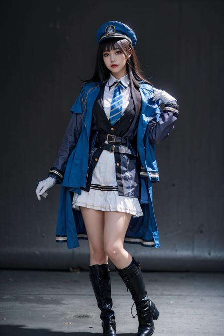 best quality, masterpiece, realistic, (photorealistic:1.4), 1girl, solo, full body, diesel cosplay costume, cosplay, jacket, hat, gloves, necktie, boots, simple background, <lora:nikke_diesel_cosplay_costume_v1:0.65>